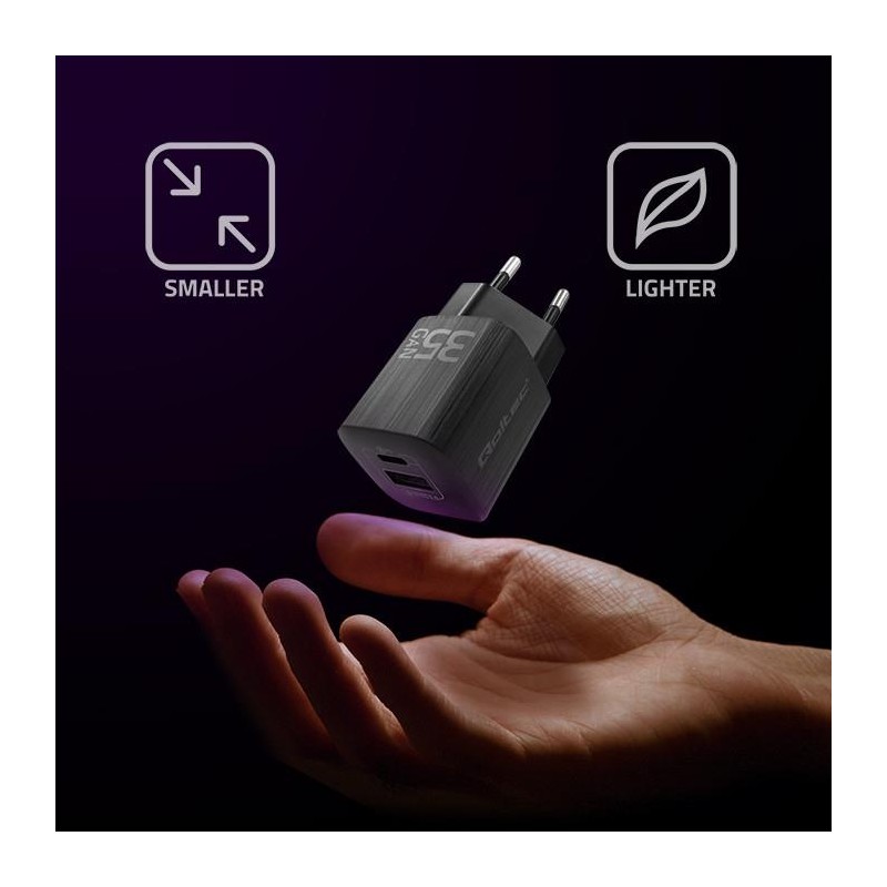 Ładowarka sieciowa Qoltec 35W GaN ULTRA | 5-20V | 2.25-3A | 1 x USB typ C PD | 1 x USB QC 3.0 | Czarna