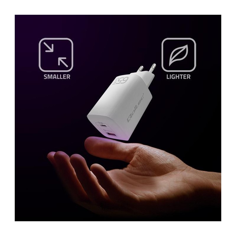 Ładowarka sieciowa Qoltec 65W GaN ULTRA | 5-20V | 2.25-3.25A | 1 x USB typ C PD | 1 x USB QC 3.0 | Biała