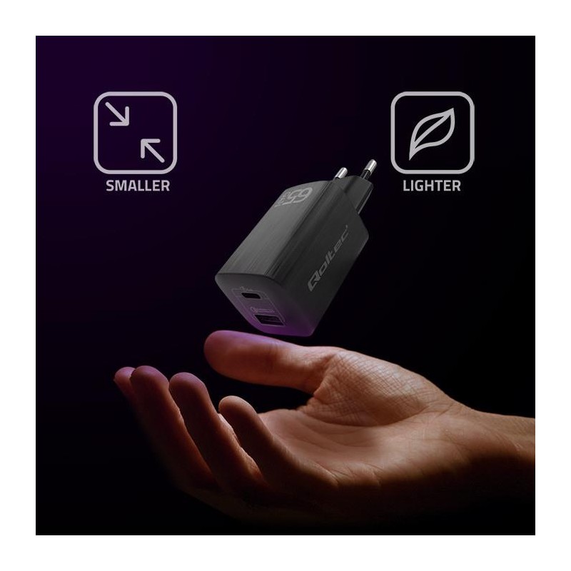 Ładowarka sieciowa Qoltec 65W GaN ULTRA | 5-20V | 2.25-3.25A | 1 x USB typ C PD | 1 x USB | Czarna