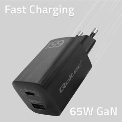Ładowarka sieciowa Qoltec 65W GaN ULTRA | 5-20V | 2.25-3.25A | 1 x USB typ C PD | 1 x USB | Czarna