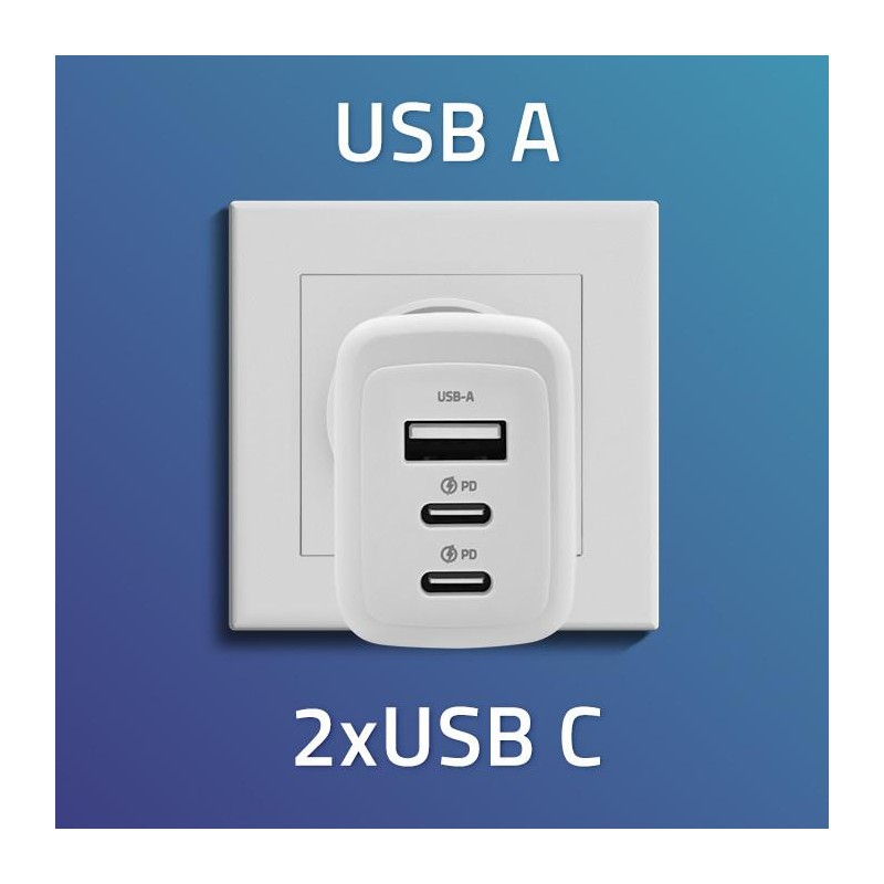 Ładowarka sieciowa Qoltec 65W GaN | 5-20V | 3-3.35A | 2xUSB-C PD | 1xUSB QC 3.0 | Biała