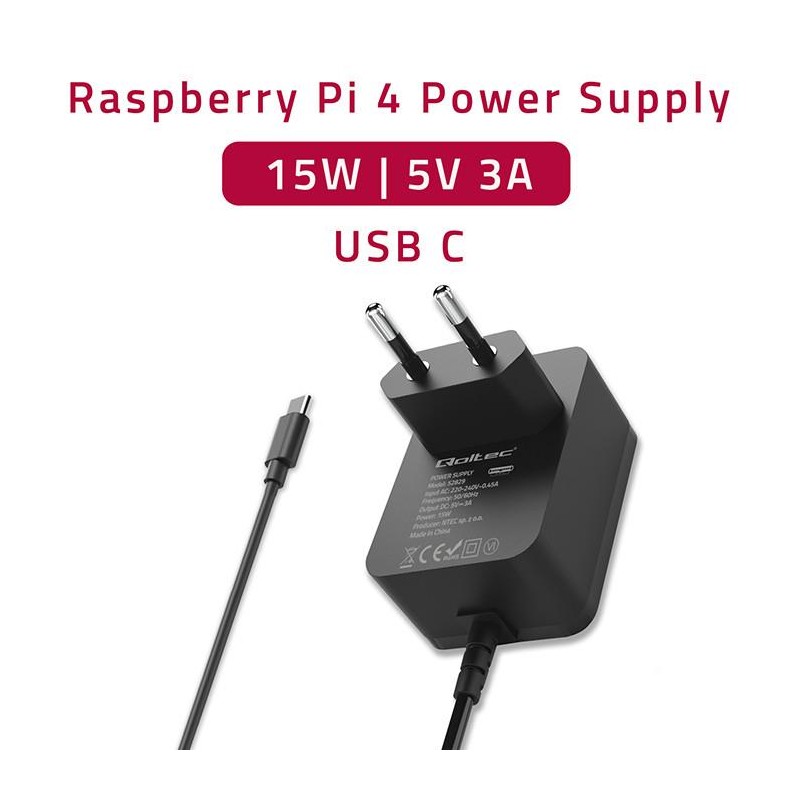 Ładowarka Qoltec Super FAST PD do Raspberry PI 4 | USB-C | 15W | 5V | 3A | Czarna