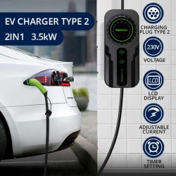 Ładowarka Qoltec do samochodu elektrycznego EV z regulacją 2w1 typ2 | SCHUKO | 3.5kW | 230V | LCD | Przenośna | Wallbox | 5m