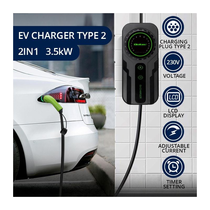 Ładowarka Qoltec do samochodu elektrycznego EV z regulacją 2w1 typ2 | SCHUKO | 3.5kW | 230V | LCD | Przenośna | Wallbox | 5m