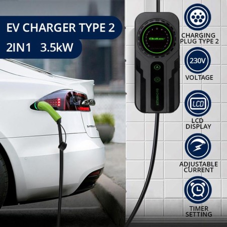 Ładowarka Qoltec do samochodu elektrycznego EV z regulacją 2w1 typ2 | SCHUKO | 3.5kW | 230V | LCD | Przenośna | Wallbox | 5m