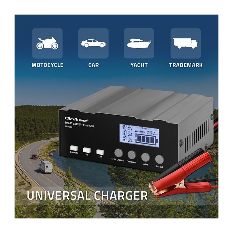 Ładowarka inteligentna Qoltec mikroprocesorowa 12V | 12.6V | 24V | Prostownik z funkcją naprawy do akumulatora AGM GEL LiFePO4 |