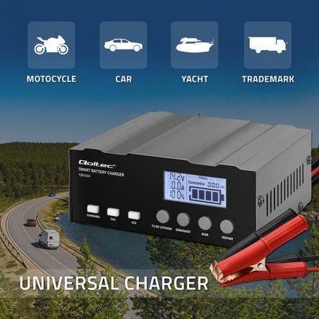 Ładowarka inteligentna Qoltec mikroprocesorowa 12V | 12.6V | 24V | Prostownik z funkcją naprawy do akumulatora AGM GEL LiFePO4 |