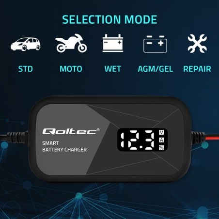 Ładowarka inteligentna Qoltec mikroprocesorowa 12V | 2A | Prostownik do akumulatora AGM GEL | LCD