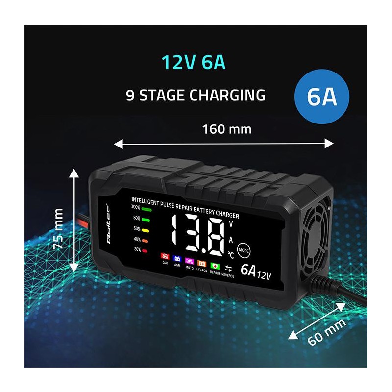 Ładowarka inteligentna Qoltec mikroprocesorowa 12V 6A | Prostownik z funkcją naprawy do akumulatora AGM GEL LiFePO4 | LCD