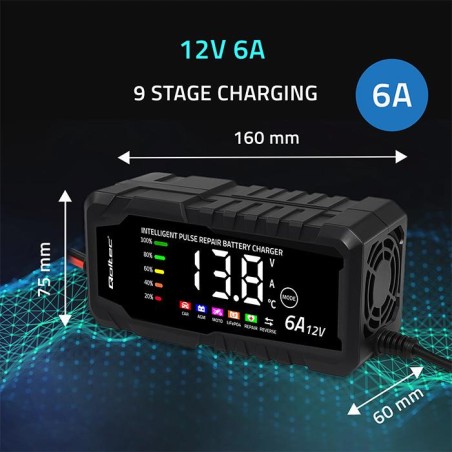 Ładowarka inteligentna Qoltec mikroprocesorowa 12V 6A | Prostownik z funkcją naprawy do akumulatora AGM GEL LiFePO4 | LCD