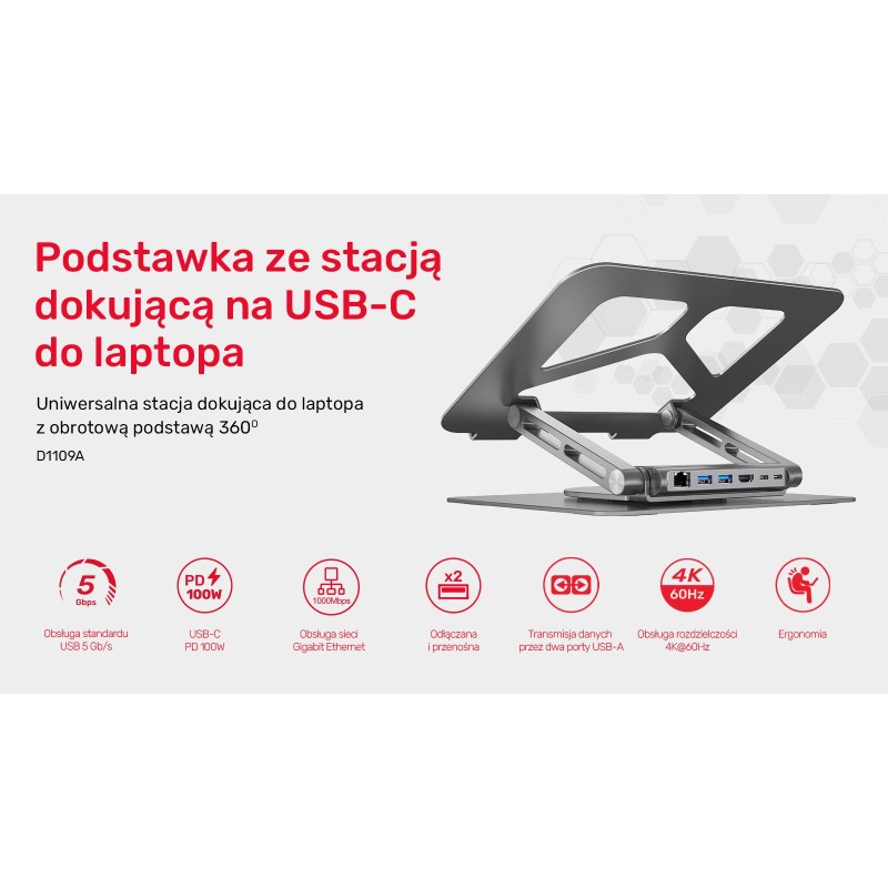 Podstawka pod laptop UNITEK D1109A HUB USB-C, HDMI, 4K, PD 100W