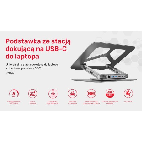Podstawka pod laptop UNITEK D1109A HUB USB-C, HDMI, 4K, PD 100W