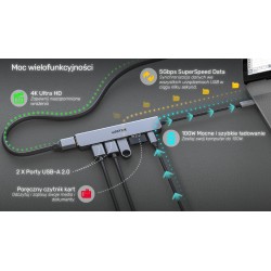 Hub USB-C Unitek H1118A 7w1, HDMI 4K, 3x USB-A, USB-C PD 100W, alu