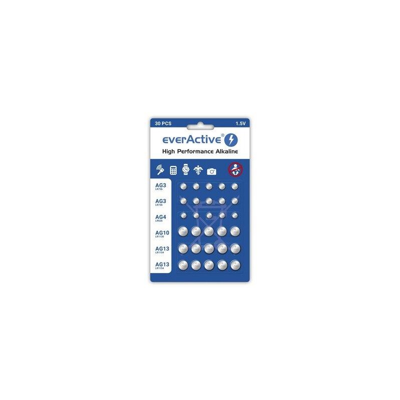 Baterie alkaliczne mini everActive 10 x G3 / LR41, 5 x G4 / LR626, 5 x G10 / LR1130, 10 x G13 / LR1154 zestaw 30 sztuk