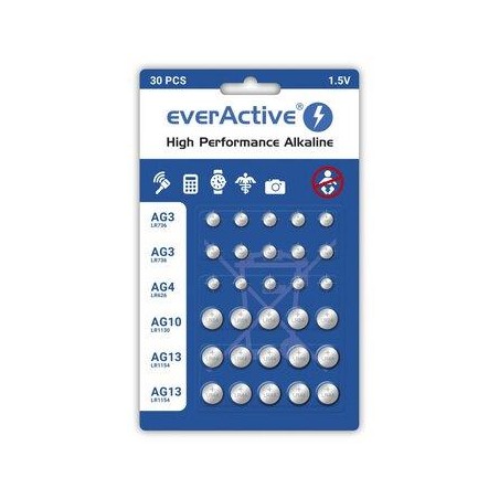 Baterie alkaliczne mini everActive 10 x G3 / LR41, 5 x G4 / LR626, 5 x G10 / LR1130, 10 x G13 / LR1154 zestaw 30 sztuk