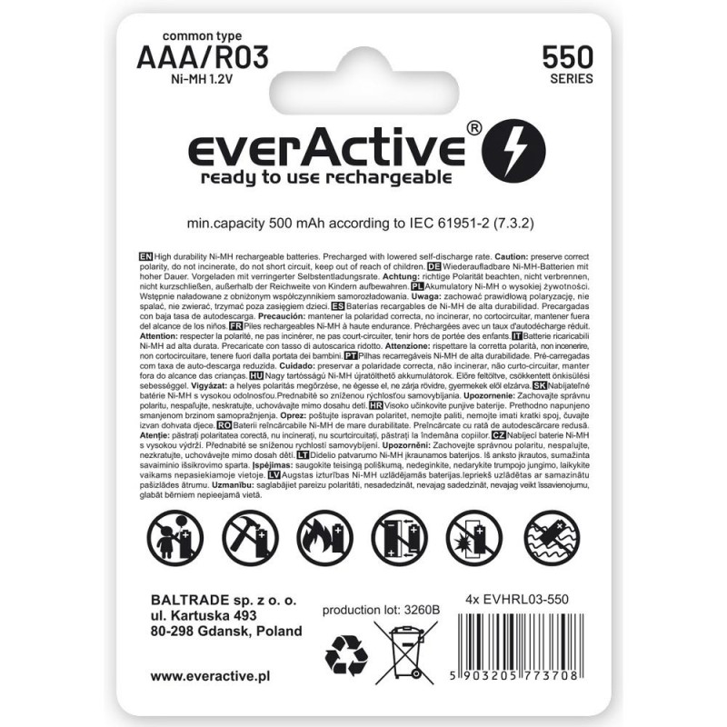Akumulatorki AAA / R03 everActive Ni-MH 550 mAh ready to use - blister 4 sztuki