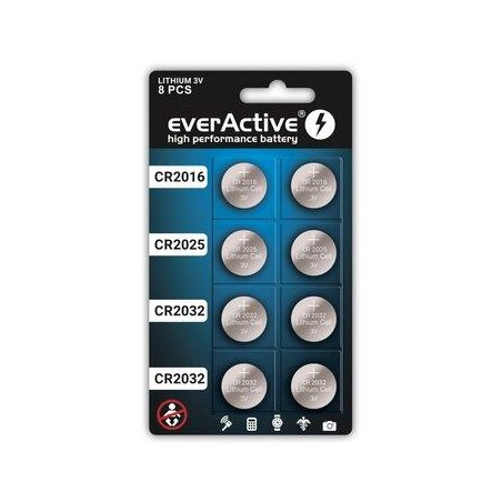 Zestaw baterii litowych everActive 8 sztuk: 4 x CR2032, 2 x CR2025, 2 x CR2016