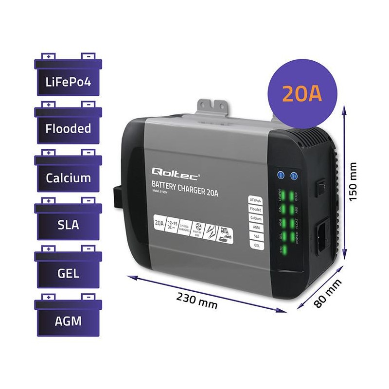 Ładowarka inteligentna Qoltec Monolith do akumulatorów LiFePO4 AGM GEL SLA | 20A | 12V