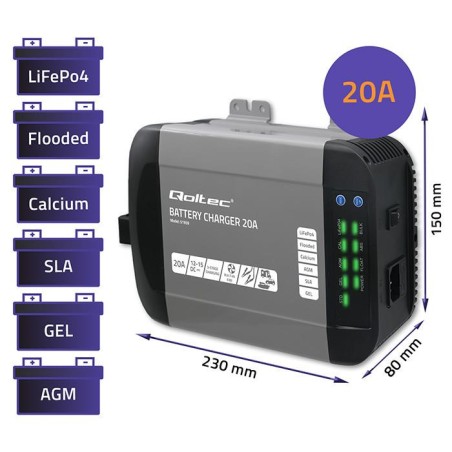 Ładowarka inteligentna Qoltec Monolith do akumulatorów LiFePO4 AGM GEL SLA | 20A | 12V