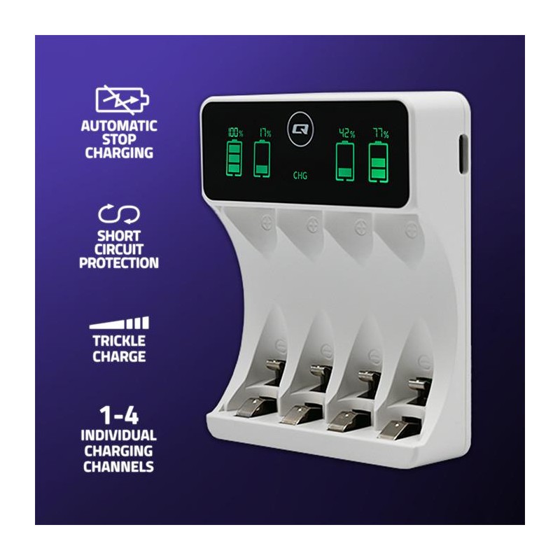 Ładowarka Qoltec do akumulatorków Ni-MH typu R03 AAA R6 AA | LCD | Kabel USB-C | Biała