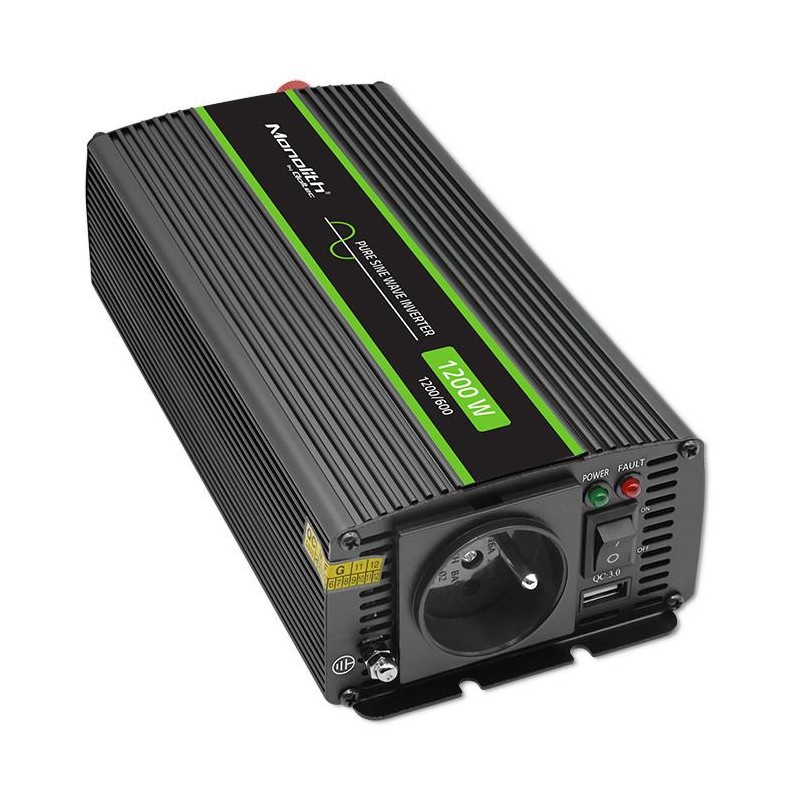 Przetwornica napięcia Qoltec Monolith | 600W | 1200W | 12V na 230V | Czysty Sinus