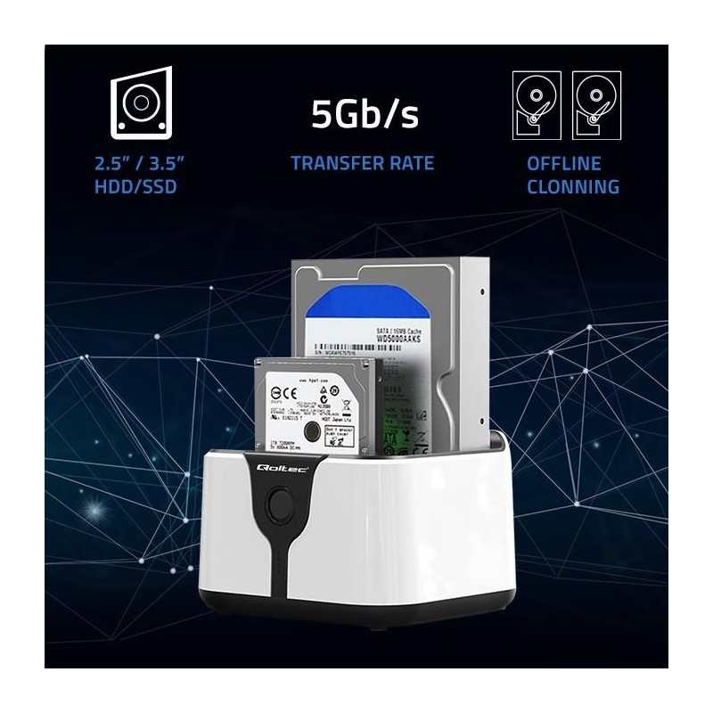 Stacja dokująca Qoltec do dysków HDD SSD 2.5" 3.5" | SATA III | USB 3.0 | Super speed 5Gb/s | z funkcją klonowania offline