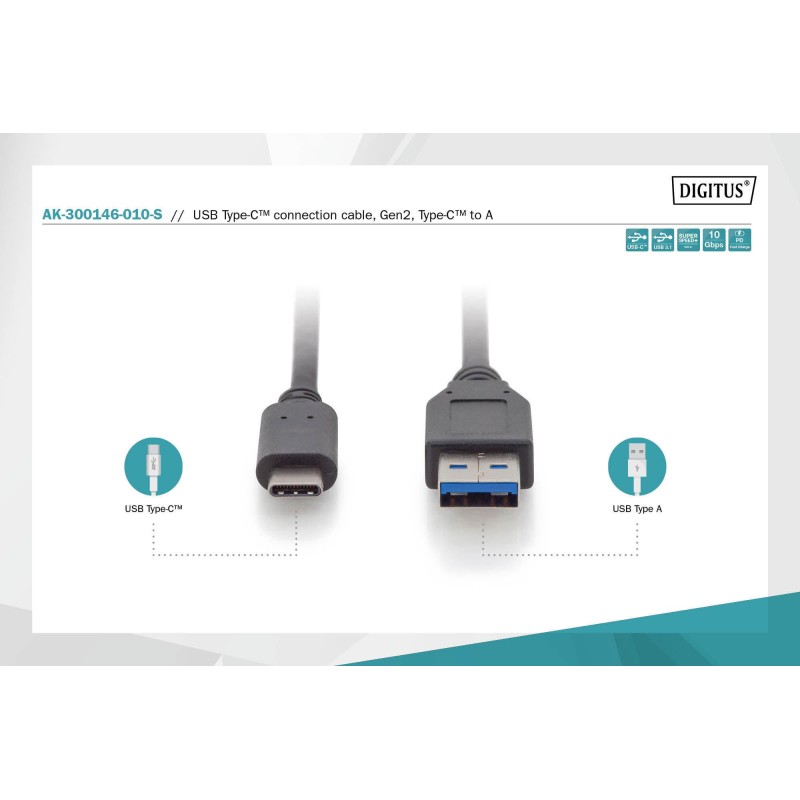 Kabel DIGITUS USB 3.1 Gen.2 SuperSpeed+ 10Gbps Typ USB C/A M/M, PD, czarny 1m