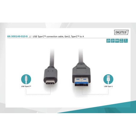 Kabel DIGITUS USB 3.1 Gen.2 SuperSpeed+ 10Gbps Typ USB C/A M/M, PD, czarny 1m