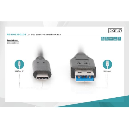 Kabel USB 3.0 DIGITUS SuperSpeed Typ USB A/USB C M/M czarny 1m