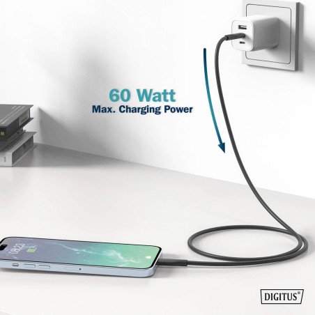 Kabel zasilający DIGITUS silikonowy USB-C - USB-C, USB 2.0 60W, 0,5m czarny