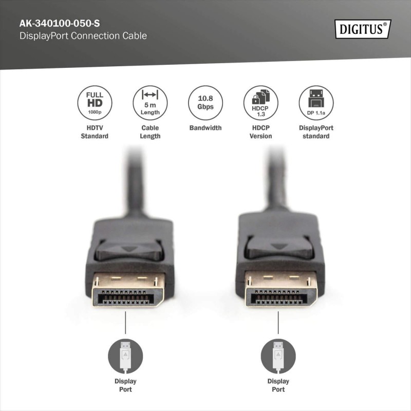 Kabel DisplayPort DIGITUS z zatrzaskami 1080p 60Hz FHD Typ DP/DP M/M czarny 5m