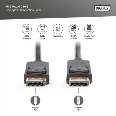 Kabel DisplayPort DIGITUS z zatrzaskami 1080p 60Hz FHD Typ DP/DP M/M czarny 5m