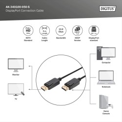 Kabel DisplayPort DIGITUS z zatrzaskami 1080p 60Hz FHD Typ DP/DP M/M czarny 5m