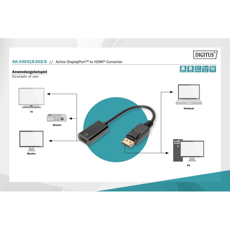Kabel adapter DIGITUS DisplayPort z zatrzaskiem 4K 60Hz UHD Typ DP/HDMI A M/Ż czarny 0,2m