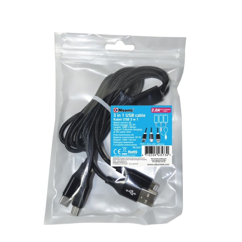 Kabel Msonic MLU621 3w1 Mircro USB/USB C/ Lightning
