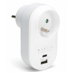 Rozgałęźnik sieciowy pojedynczy + USB-A + USB-C MONTIS MT147 biało-szary