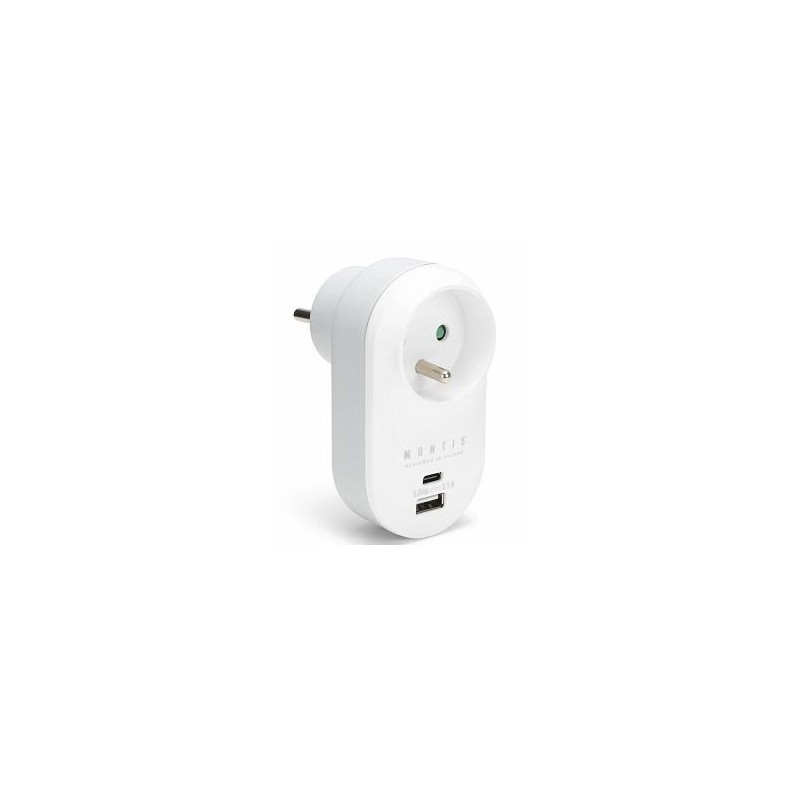 Rozgałęźnik sieciowy pojedynczy + USB-A + USB-C MONTIS MT147 biało-szary