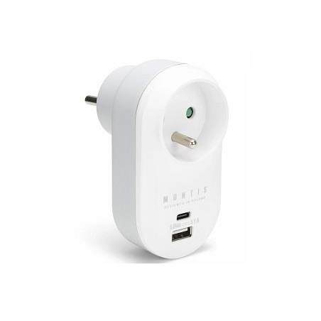 Rozgałęźnik sieciowy pojedynczy + USB-A + USB-C MONTIS MT147 biało-szary