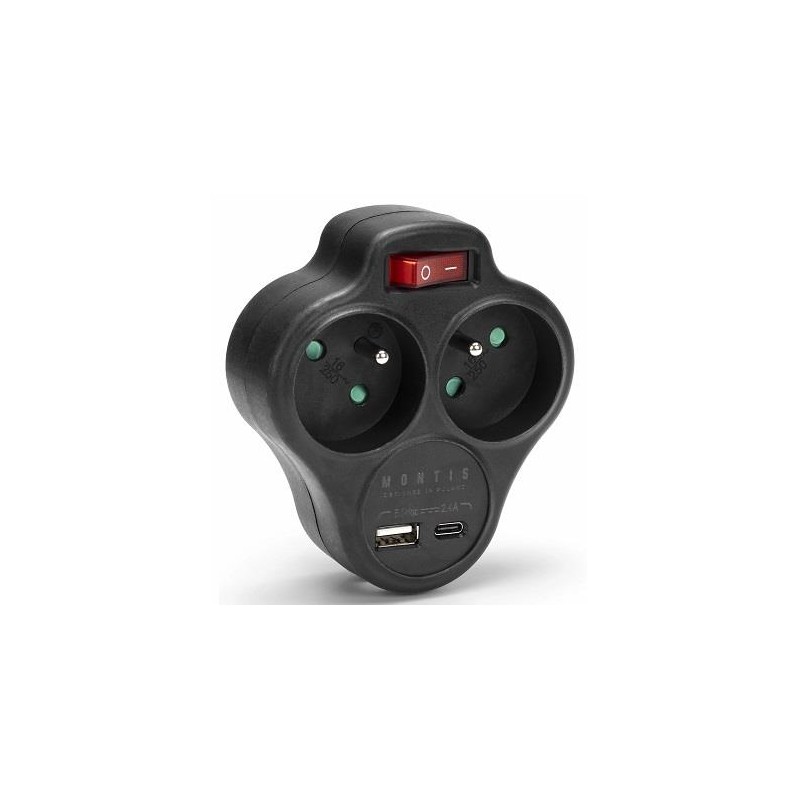 Rozgałęźnik sieciowy podwójny z wyłącznikiem + USB-A + USB-C MONTIS MT144-BK czarny