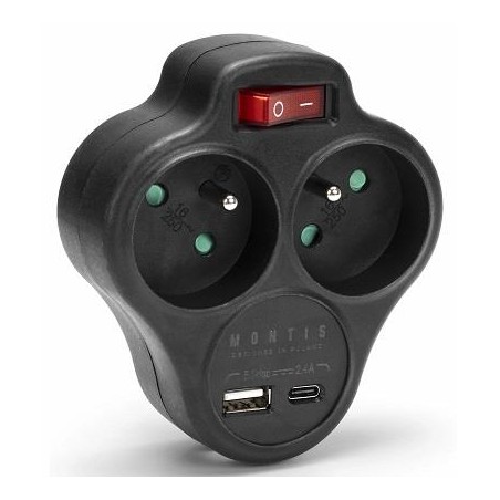 Rozgałęźnik sieciowy podwójny z wyłącznikiem + USB-A + USB-C MONTIS MT144-BK czarny