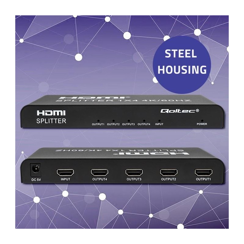 Rozdzielacz aktywny Qoltec Splitter 4 x HDMI 4K x 2K | 6Gb/s | 60Hz