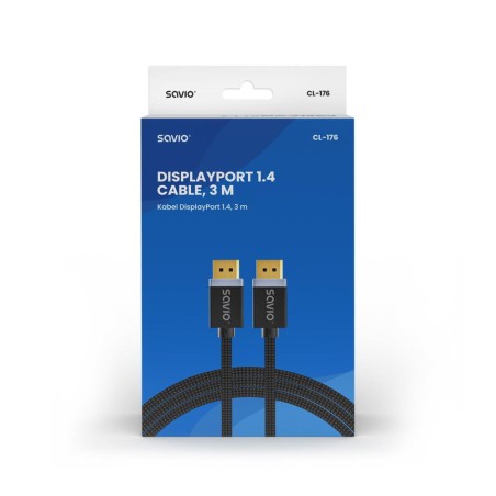 Kabel DisplayPort v1.4 Savio CL-176 (M/M), 8K, 3m, miedź, bawełniany oplot, czarny