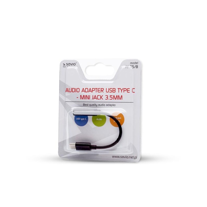 Kabel adapter Savio AK-35 USB Typ C - mini Jack 3,5 mm, czarny