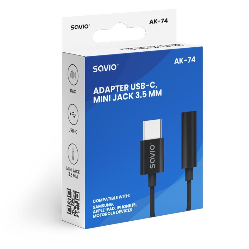 Kabel adapter audio Savio AK-74 USB-C Jack 3,5mm czarny