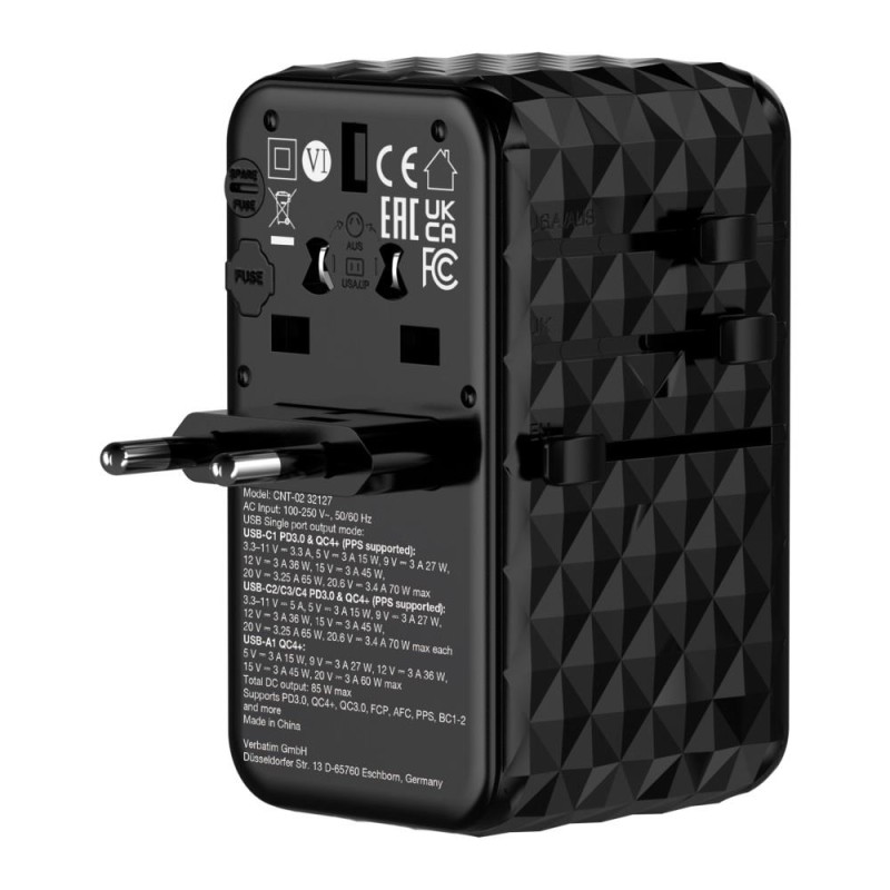 Adapter podróżny Verbatim Charge 'n' Travel GaN III globalny 4xUSB-C PD 3.0 QC 4+ 70W, 1xUSB-A QC 4+ 60W