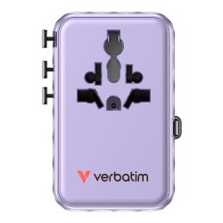 Adapter podróżny Verbatim Charge 'n' Travel GaN III globalny 1xUSB-C PD 3.0 QC 4+ 100W, 2xUSB-C 15W, 1xUSB-A 12W fioletowy