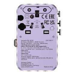 Adapter podróżny Verbatim Charge 'n' Travel GaN III globalny 1xUSB-C PD 3.0 QC 4+ 100W, 2xUSB-C 15W, 1xUSB-A 12W fioletowy