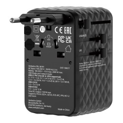 Adapter podróżny Verbatim Charge 'n' Travel GaN III globalny 1xUSB-C PD 3.0 QC 4+ 100W, 2xUSB-C 15W, 1xUSB-A 12W czarny