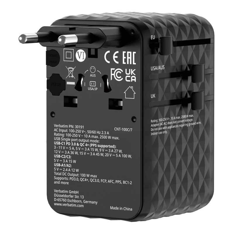 Adapter podróżny Verbatim Charge 'n' Travel GaN III globalny 1xUSB-C PD 3.0 QC 4+ 100W, 2xUSB-C 15W, 1xUSB-A 12W czarny