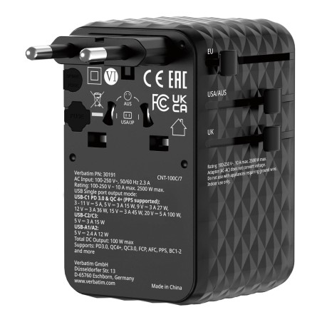 Adapter podróżny Verbatim Charge 'n' Travel GaN III globalny 1xUSB-C PD 3.0 QC 4+ 100W, 2xUSB-C 15W, 1xUSB-A 12W czarny
